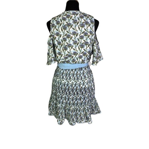 FOXIEDOX‎ LEXIE COLD SHOULDER WRAP DRESS BLUE MULTI COLOR TIE NEW SZ S - Picture 6 of 12